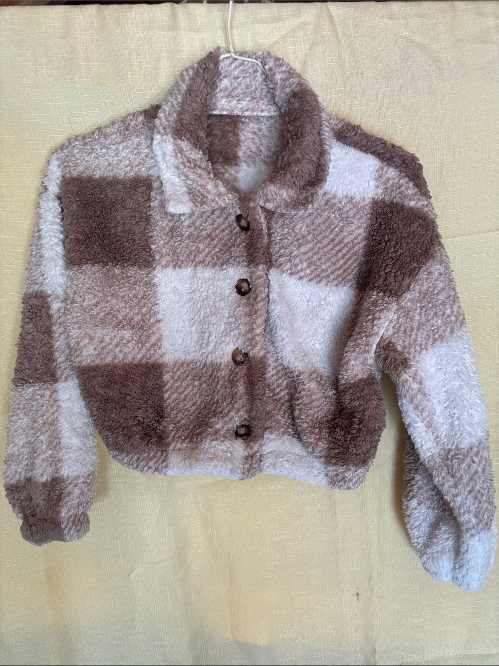 SHEIN Brown & Cream Checkered Teddy Jacket